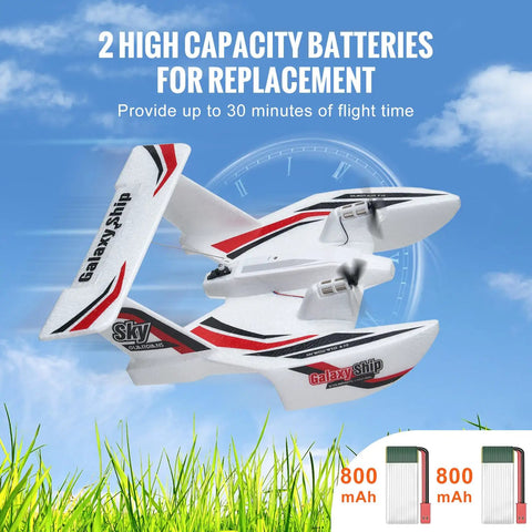 2.4GHz 3Ch RC Airplane Amphibious Ready To Fly With 6 Axis Gyro Stabilizer And Dual Batteries shown in flight on blue sky background