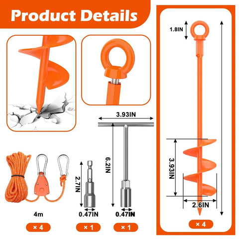 Heavy Duty Ground Anchor Kit 4 Pack 18 Inch Screw In Tent Stakes With T Handle And Retractable Ratchet Straps For Tents Trampolines Gazebos And Swing Sets In High Winds Rust Proof Orange details illustration.