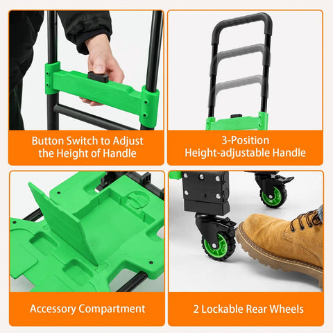 Grab-And-Go 2-In-1 Folding Hand Truck With Collapsible Crate Converts From 2-Wheel To 4-Wheel, 400 Lb Heavy-Duty Dolly Cart, Lightweight 15.9 Lb, 3-Position Adjustable Handle, And 59 Inch Bungee Cord With Hooks For Easy Hauls; adjustable handle and wheels