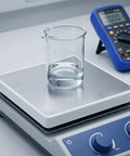 Digital scale with glass beaker and multimeter on lab table