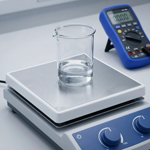Digital scale with glass beaker and multimeter on lab table