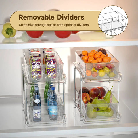 Clear Two Tier Under Sink Sliding Organizer With Adjustable Dividers Heavy Duty Waterproof Cabinet Rack For Bathroom Pantry showing removable dividers and various stored items.