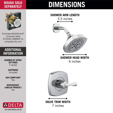 Dimensions and features of Stryke 14 Series Single-Function Shower Faucet Set With H2Okinetic PowerDrench Shower Head, Chrome Finish