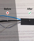 Comparison of loose cables before and after using Floor Cord Protector For Carpet And Office Cables, Easy Cut Cable Cover, 4 inch by 100 feet black