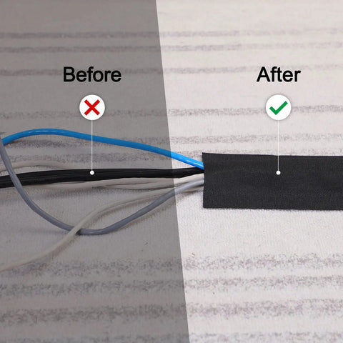 Comparison of loose cables before and after using Floor Cord Protector For Carpet And Office Cables, Easy Cut Cable Cover, 4 inch by 100 feet black