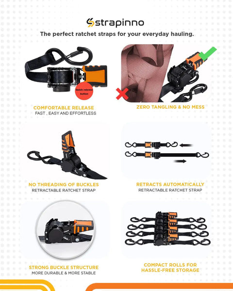 No-Tangle Auto Retractable Ratchet Straps 1 Inch by 6-Foot Four Pack with Rubber Coated Handles and S Hooks, infographic features.