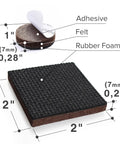 Close-up of round and square non slip furniture pads showing adhesive, felt, rubber foam layers with measurements.