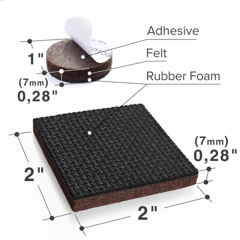 Close-up of round and square non slip furniture pads showing adhesive, felt, rubber foam layers with measurements.