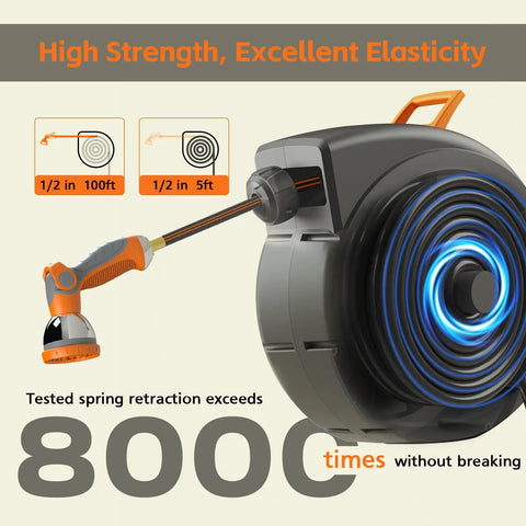 Retractable Garden Hose Reel With 100 Foot Hose, Heavy Duty Half Inch Burst Pressure 435 PSI, Wall Mounted Water Reel