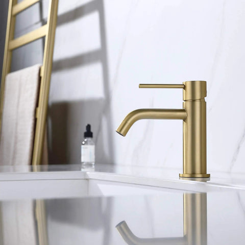 Brushed Gold Bathroom Faucet With Single Handle For One Hole Sinks Built From Brass And Stainless Steel Includes Pop Up Drain Assembly