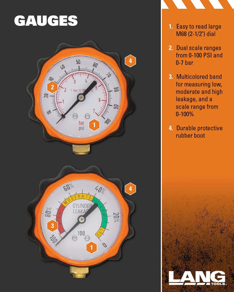 Lang Tools CLT-2 cylinder leakage tester with two orange dial gauges