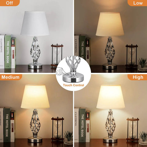 White Touch Table Lamps Set Of 2 With USB C Ports And USB A, Spiral Cage Base, showing 3-way dimmable light levels
