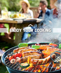Large Dial Grill Thermometer Two And Three Eighths Inch 50 to 800 Fahrenheit Outdoor Grill Smoker And Oven Temperature Gauge Weatherproof High Temp Resistant With Four Color Zones And Fast Two To Three Second Reading in action, grilling sausages and vegetables with friends enjoying in the background.