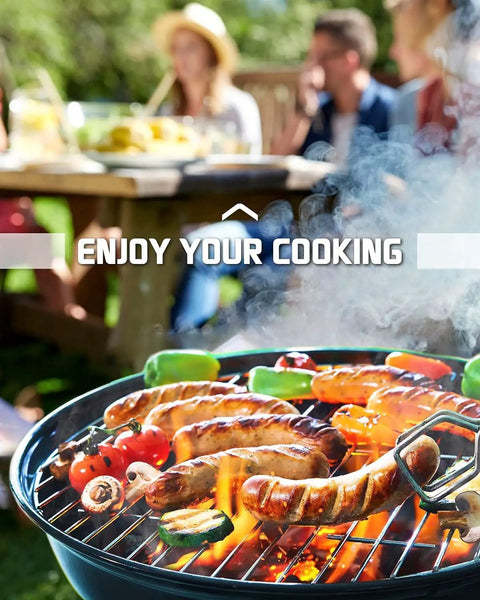 Large Dial Grill Thermometer Two And Three Eighths Inch 50 to 800 Fahrenheit Outdoor Grill Smoker And Oven Temperature Gauge Weatherproof High Temp Resistant With Four Color Zones And Fast Two To Three Second Reading in action, grilling sausages and vegetables with friends enjoying in the background.