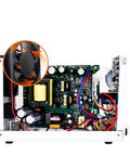 Inside view of Adjustable DC Lab Power Supply 32V 6A and 30V 10A with built-in fan, showcasing circuit board components and wiring.