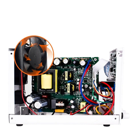 Inside view of Adjustable DC Lab Power Supply 32V 6A and 30V 10A with built-in fan, showcasing circuit board components and wiring.