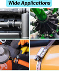 Various uses of 50 Piece Stainless Steel Hose Clamp Kit With Adjustable Worm Gear Clamps in automotive and plumbing applications.