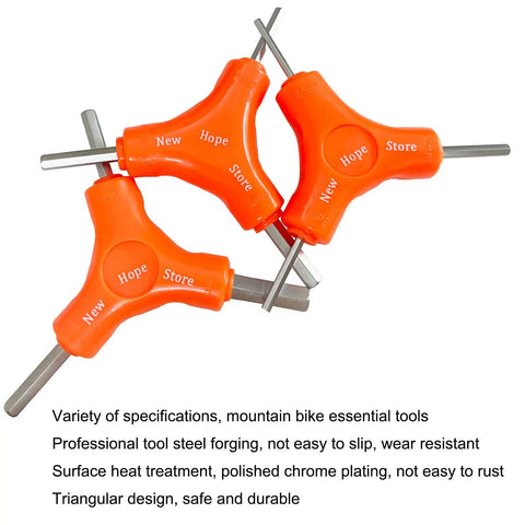 Y Shape All-In-One Hex Wrench Set For Bikes With Six Metric Sizes 2.5mm 3mm 4mm 5mm 6mm 8mm Beefy Chrome Plated Tool For Quick Bike Maintenance Mountain And Road Bicycle Repair with orange handles and polished chrome tips.