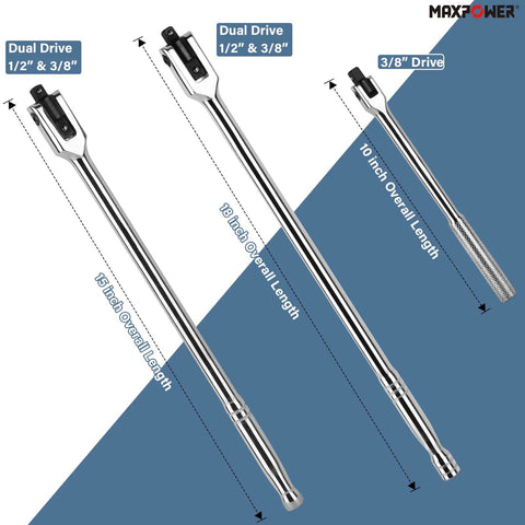 Beefy Three Piece Breaker Bar Set With Fifteen And Eighteen Inch Dual Drive One Half Inch And Three Eighth Inch Bars Plus A Ten Inch Short Bar, 360 Degree Rotating Phosphated Heads And Ergonomic Non Slip Knurled Handles.