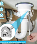 Ergonomic Sink And Drain Wrench For DIYers And Pros in use under a kitchen sink, highlighting its quick adjust plumbing tool feature.