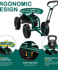 Garden Cart With Rolling Seat And Adjustable Handle, 360 Degree Rotating Stool, Handy Tool Tray, Easy-To-Move Yard Wagon for outdoor chores