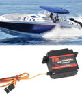 Heavy Duty Metal Gear Digital Servo Crushing 18kg Torque And Serving Up Smooth 180 Degree Rotation For RC Cars Trucks Boats Robots next to a speedboat