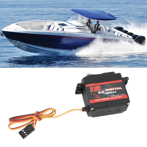 Heavy Duty Metal Gear Digital Servo Crushing 18kg Torque And Serving Up Smooth 180 Degree Rotation For RC Cars Trucks Boats Robots next to a speedboat