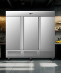 Badass Commercial Upright Freezer With Three Doors Packing Massive 72 Cubic Foot Storage and Smart Digital Thermostat in kitchen.