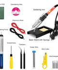 60W Adjustable Soldering Iron Kit With On Off Switch And Temperature Control Pro Grade DIY Soldering Tool Set For Electrical Repairs Includes Stand Tips Desoldering Pump Wick Tweezers Wire Stripper And More components displayed with accessories.