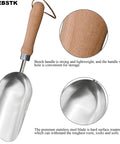Beefy Capacity Garden Scoop Stainless Steel Soil Shovel with wooden beech handle and close-up details of blade and handle.