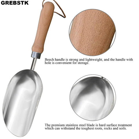 Beefy Capacity Garden Scoop Stainless Steel Soil Shovel with wooden beech handle and close-up details of blade and handle.