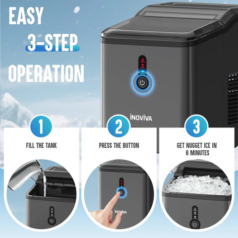 Easy 3-step operation for Countertop Nugget Ice Maker With FlashChill For Fast Ice In Six Minutes, chewable nuggets display.