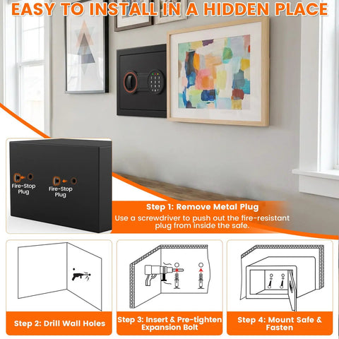 Installation guide for Compact Fireproof Safe For Home And Office With Alarm System, LED Sensor Light, Wall Mountable Security Box