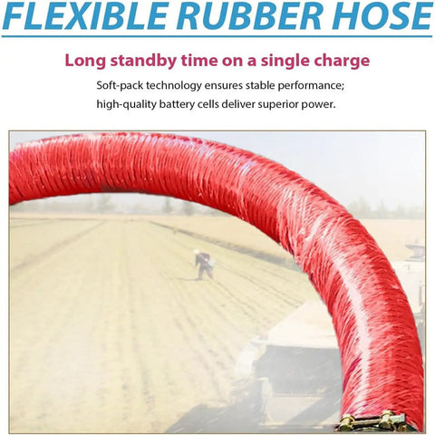 Flexible rubber hose in field setting, part of Heavy-Duty 1500W Screw Conveyor With 60-Inch Reach, Portable Grain And Powder Transfer Auger.