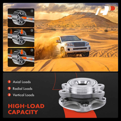 Front Or Rear Wheel Bearing And Hub Assembly For Audi A4 A4 Quattro A6 Quattro RS4 S4 S6 S8 2000-2009 Models Compatible With 43 Or 45 Mm Bearing Diameter For Front Or Rear Hub Replacement Bolt-On, Smooth Ride Long Lasting Durability displayed with high-load capacity diagram.