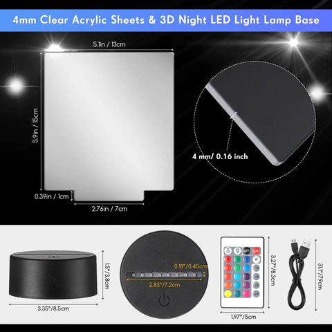 DIY Acrylic Night Light Kit With 48 Clear Sheets, 12 3D LED Lamp Bases, Remote Control And USB Cable, Rectangular Display