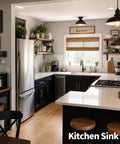 Modern farmhouse kitchen with black cabinetry and open shelving, featuring a semi flush mount ceiling light fixture.