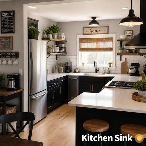 Modern farmhouse kitchen with black cabinetry and open shelving, featuring a semi flush mount ceiling light fixture.