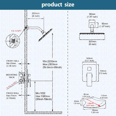 Technical diagram of Slick Polished Chrome Tub And Shower Faucet Set With 8 Inch Rain Shower Head and dimensions