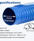 Heavy Duty Flexible Blue Duct Hose Providing Hella Smooth Airflow And Kickass Puncture Resistance For Dryer Vent HVAC Dust Extraction Systems Carbon Wire Spring Reinforced Flame Retardant with inner diameter specifications.