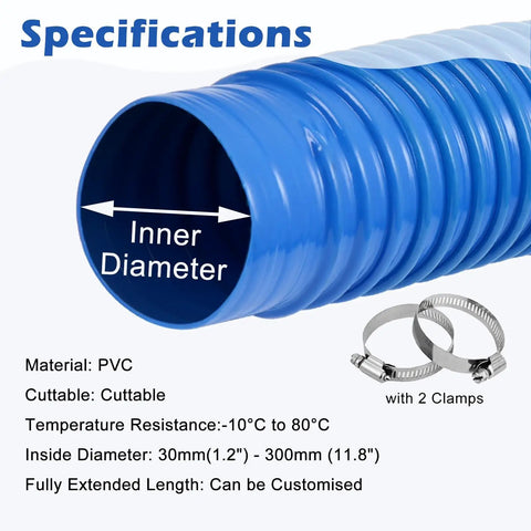 Heavy Duty Flexible Blue Duct Hose Providing Hella Smooth Airflow And Kickass Puncture Resistance For Dryer Vent HVAC Dust Extraction Systems Carbon Wire Spring Reinforced Flame Retardant with inner diameter specifications.