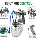 Heavy Duty Dual Head Paint Spray Gun With High Pressure Feed, Massive Two Liter Tank, Precision 1.3 Mm Nozzle, Handheld Airbrush Sprayer for smooth finishes, dual bottle feed and metal body details.