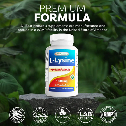 Top Shelf L Lysine 1000 Mg Tablets For Cold Sores And Immune Support 180 Count bottle on a stone surface.