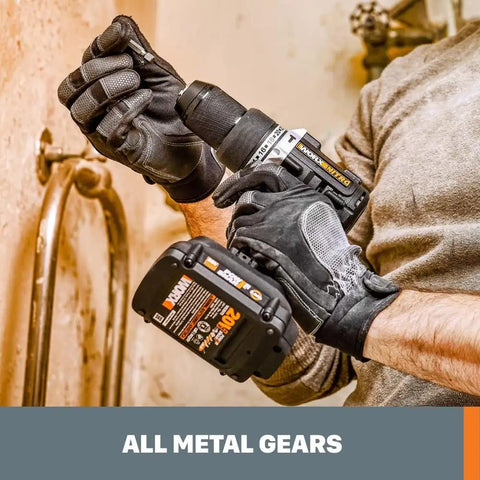 Person using Power Share 20V Cordless Hammer Drill With Brushless Motor And Half Inch Chuck Beastly Build For Tough Jobs