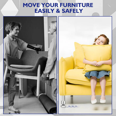 Two images: person carrying chair using 16 Pcs Five Eighths Inch Swivel Glides With Beveled Ferrule; child sitting on sofa with level glides.