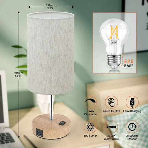 Table Lamps Set Of 2 With Touch Control, 2 USB Ports And AC Outlet, 3-Way Dimmable Bedside Lamps With Flaxen Fabric Shade, Wooden Base