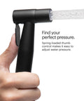 Person holding Matte Black Stainless Steel Handheld Bidet Sprayer Kit With Dual Spray Options showing water stream.