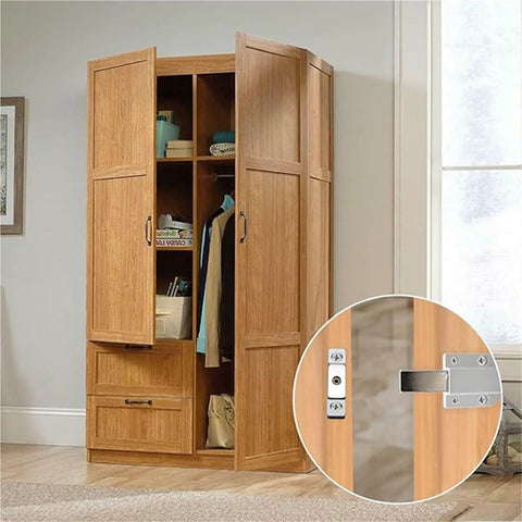 Heavy Duty Magnetic Push To Open Cabinet Latch For Doors And Drawers on wooden wardrobe, stainless steel detail close-up inset