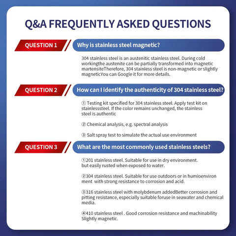 Infographic on FAQs about 304 stainless steel, including magnetic properties, authenticity tests, and common types of stainless steel.