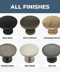 Variety of cabinet knob finishes including Matte Black, Warm Chestnut, Champagne Bronze, Heirloom Silver, Satin Nickel, Soft Iron.